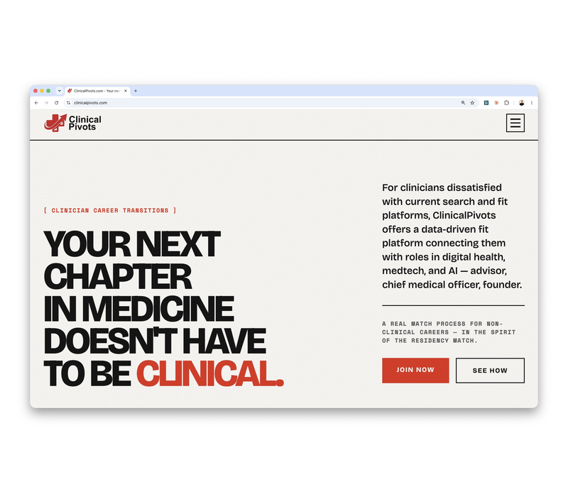 ClinicalPivots website homepage for clinician career transitions